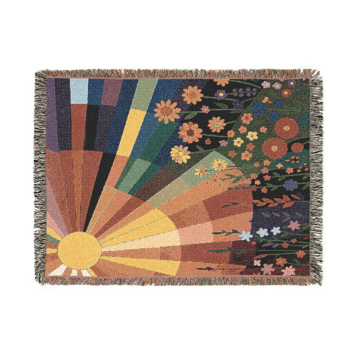 Retro Sunbeam And Flowers Woven Blanket