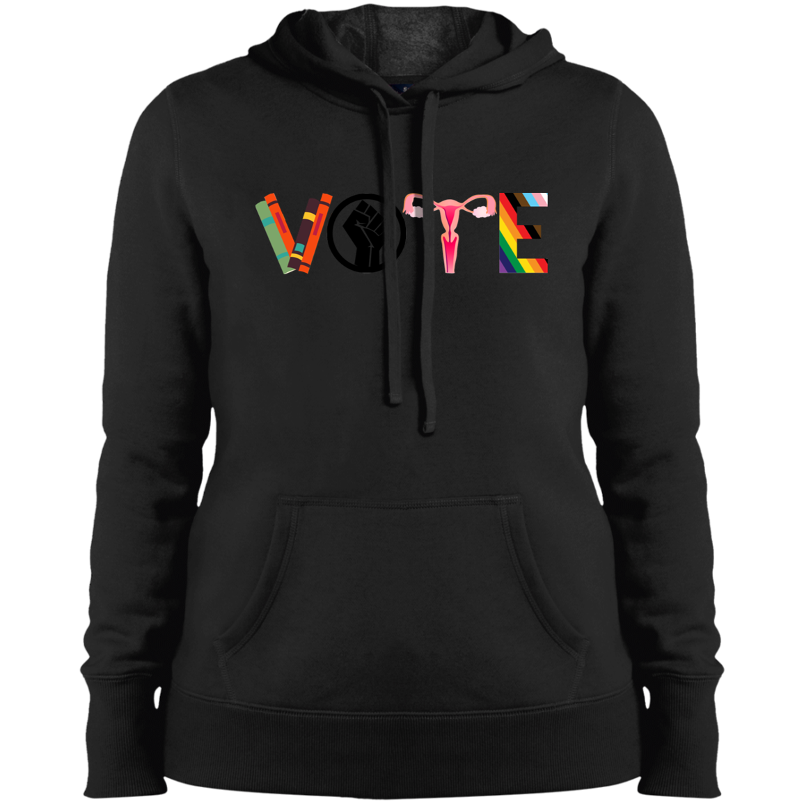 VOTE Ladies&#39; Pullover Hooded Sweatshirt | Banned Books, Reproductive Rights, BLM, LGBTQ Progress, Political Activism, Roe v Wade Ladies&#39; Pullover Hooded Sweatshirt