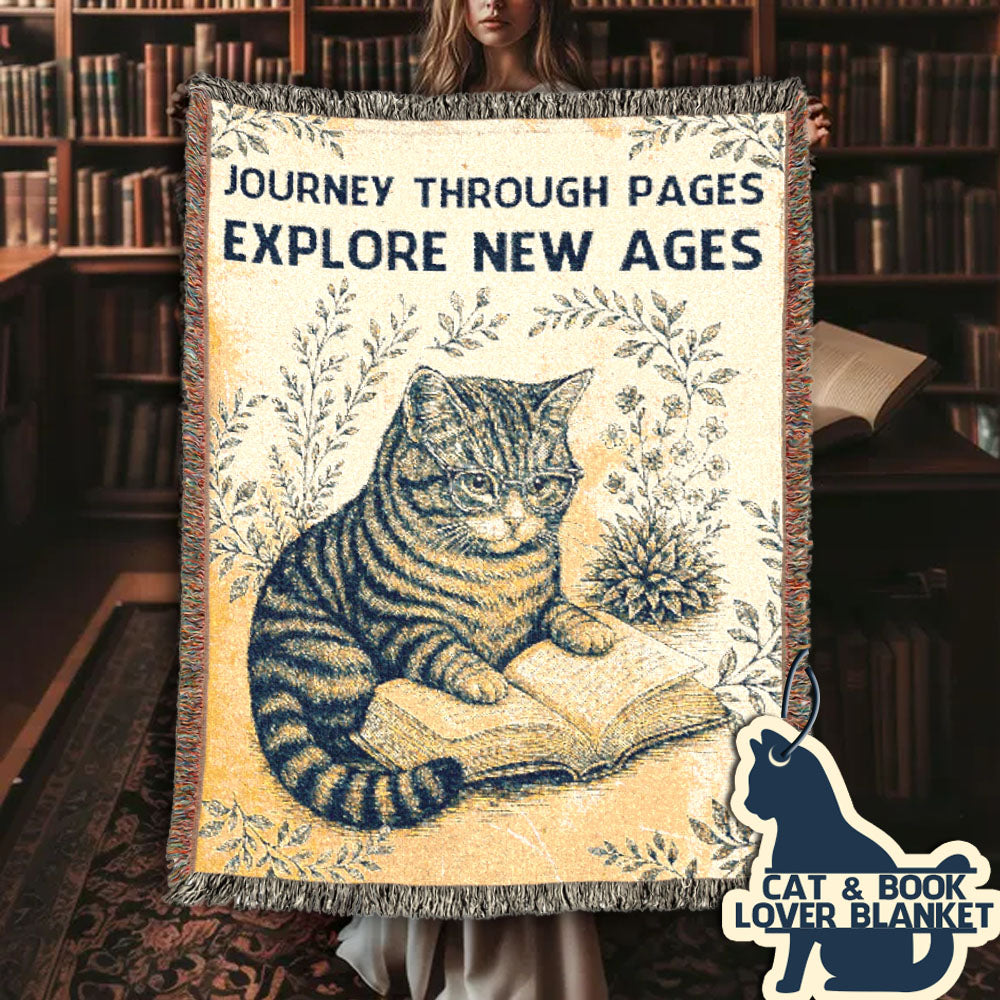 Journey Through Pages Cat Woven Blanket