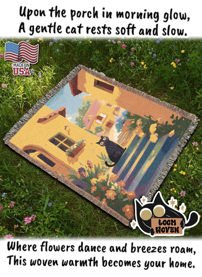 Morning Porch Cat Woven Blanket