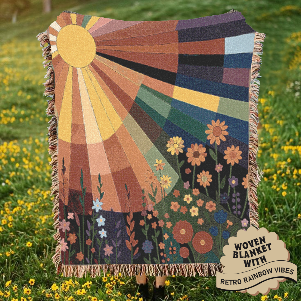 Retro Sunbeam And Flowers Woven Blanket