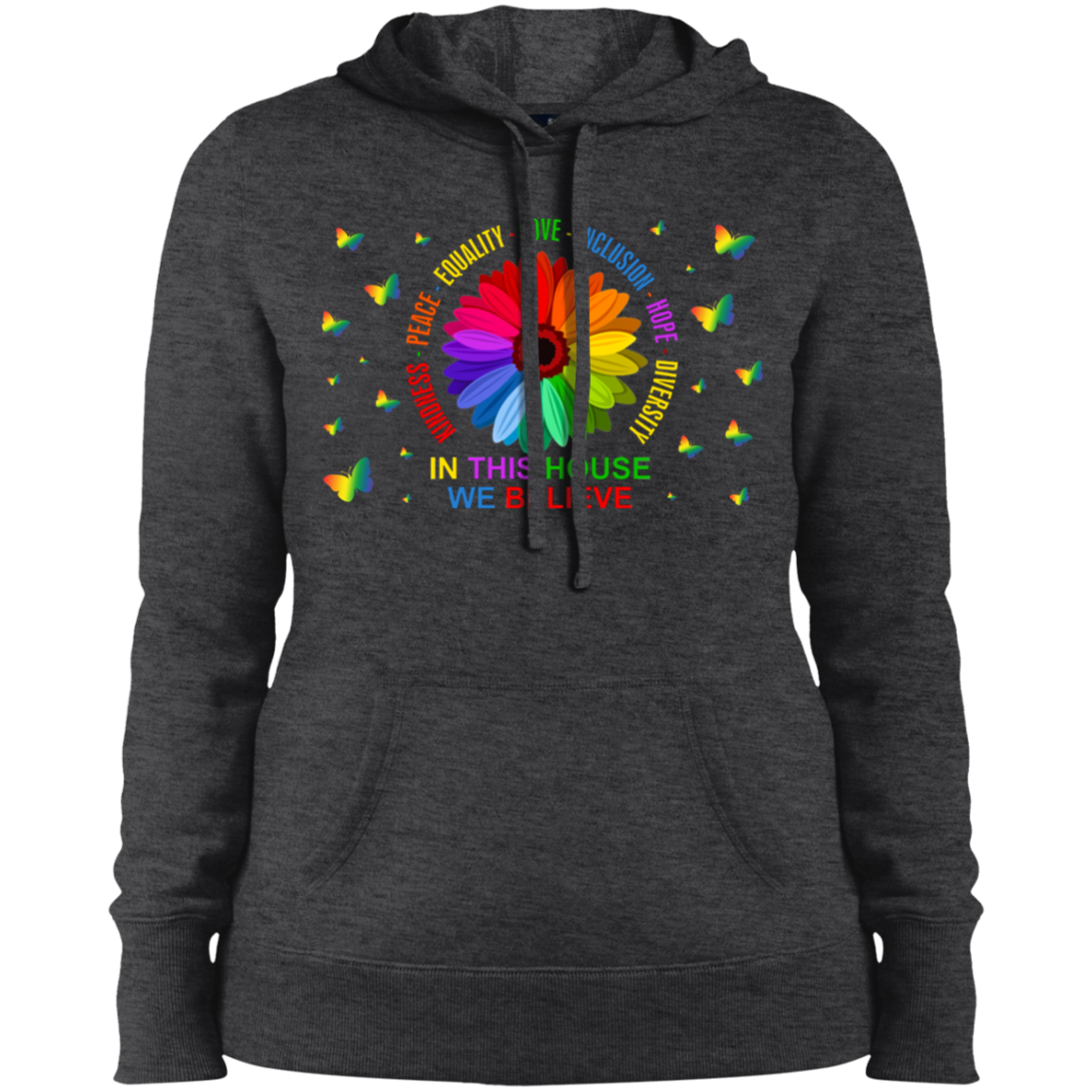 In this house we believe butterfly Ladies&#39; Pullover Hooded Sweatshirt