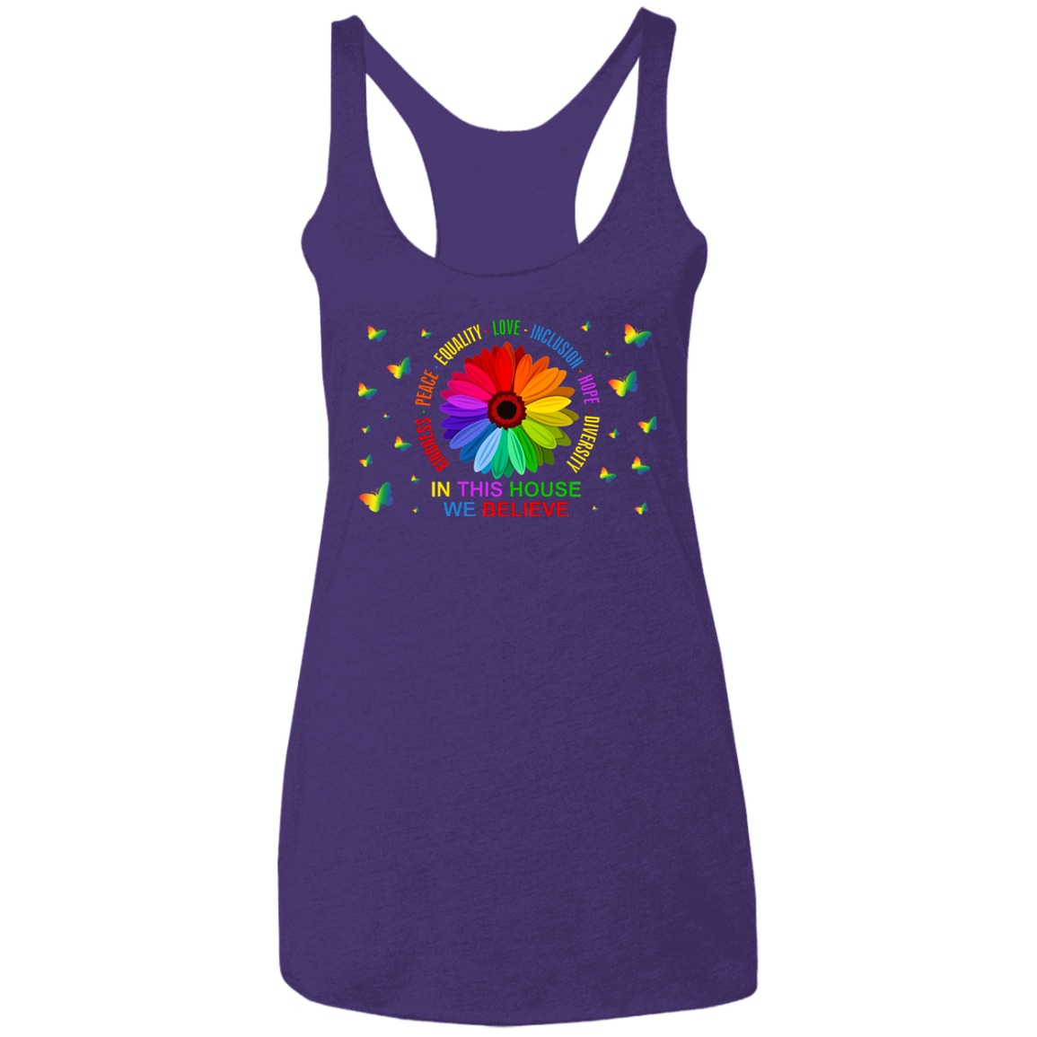 In this house we believe butterfly Ladies&#39; Triblend Racerback Tank