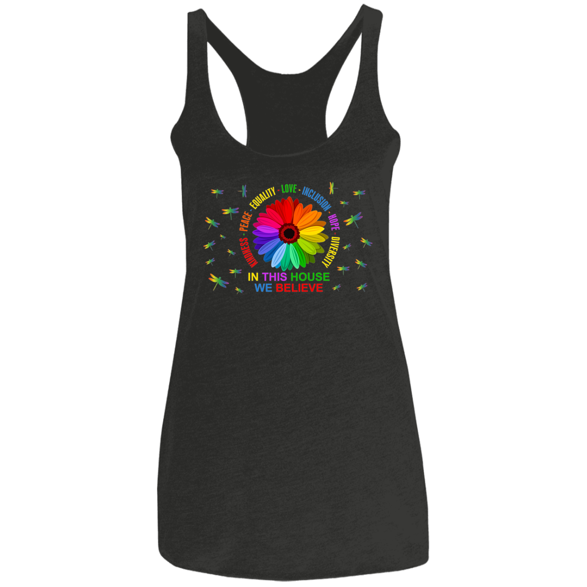 In this house we believe dragonfly Ladies' Triblend Racerback Tank