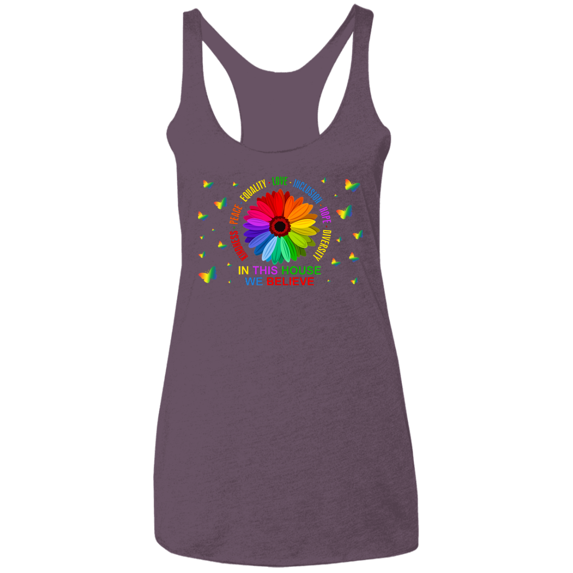 In this house we believe butterfly Ladies&#39; Triblend Racerback Tank
