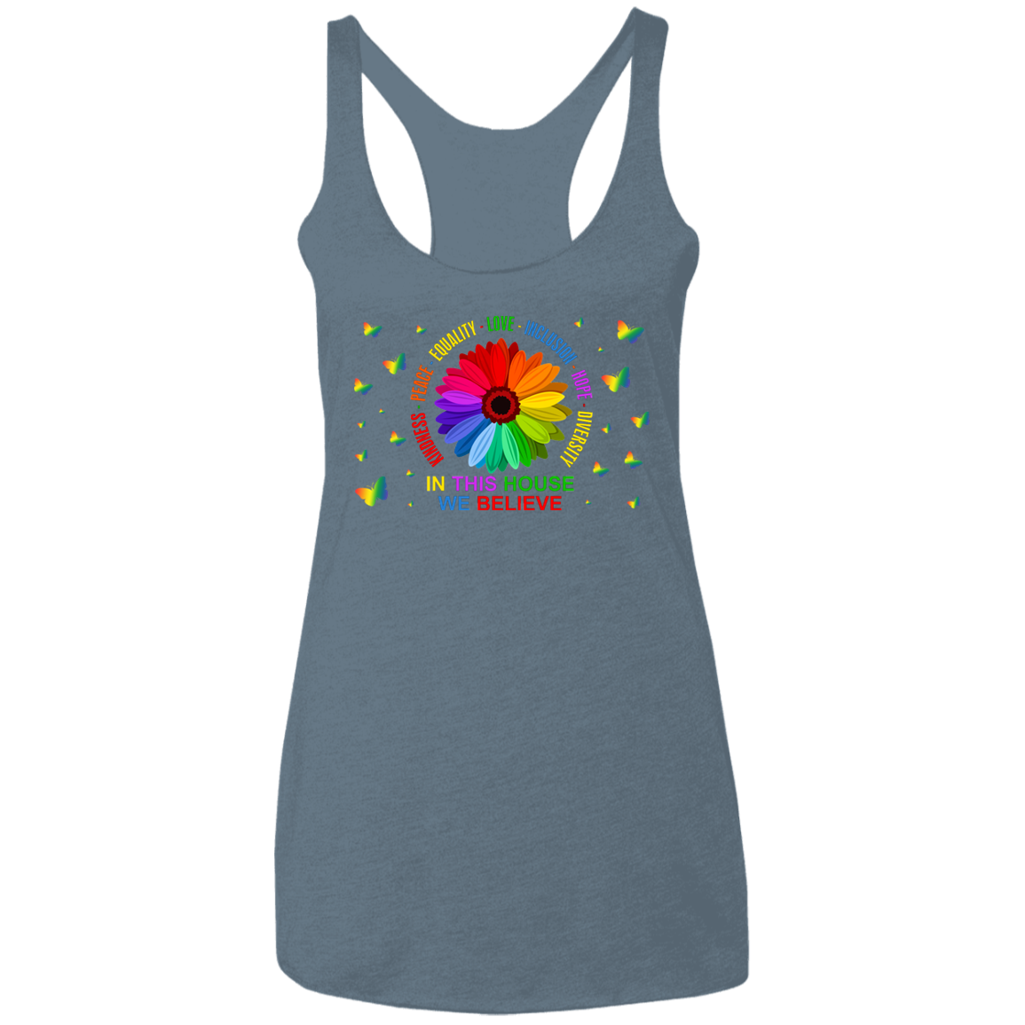 In this house we believe butterfly Ladies&#39; Triblend Racerback Tank